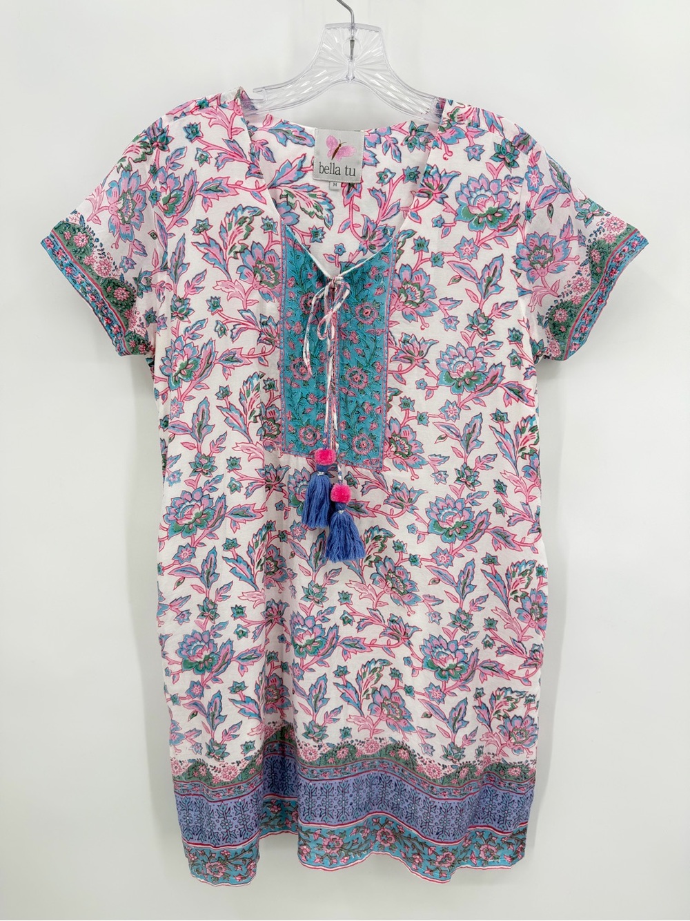 Bella Tu Floral Print Tunic Mini Dress Pink Blue Size M